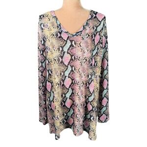 Bibi Women's Rainbow Snakeskin Print V Neck Long Sleeve Lightweight Knit Top Med